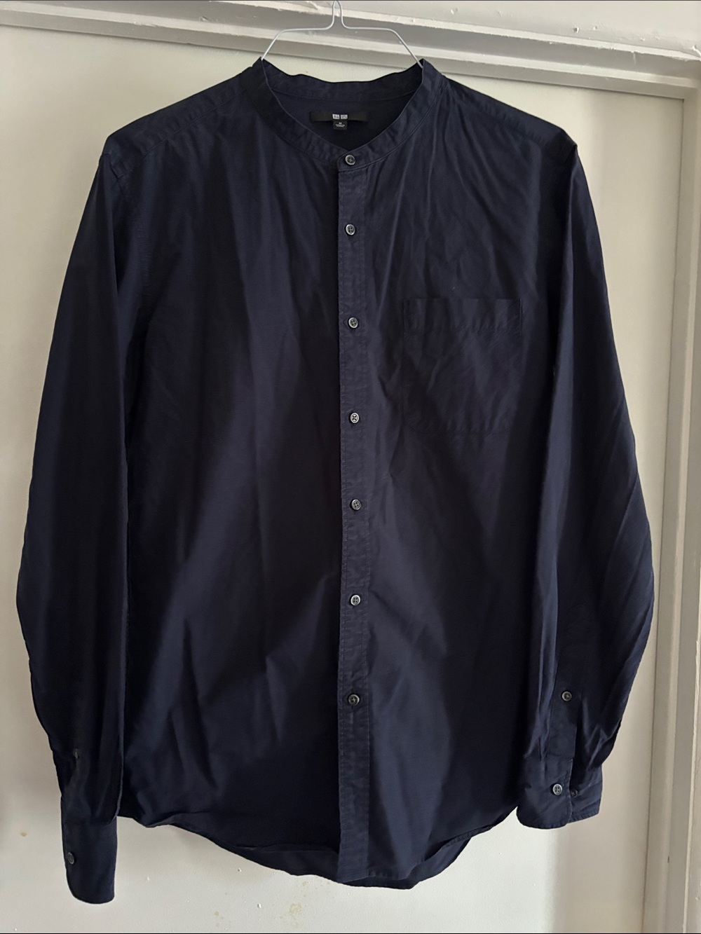 ❤️ Uniqlo Men’s Collarless Navy Blue Shirt Chest Pocket Size M